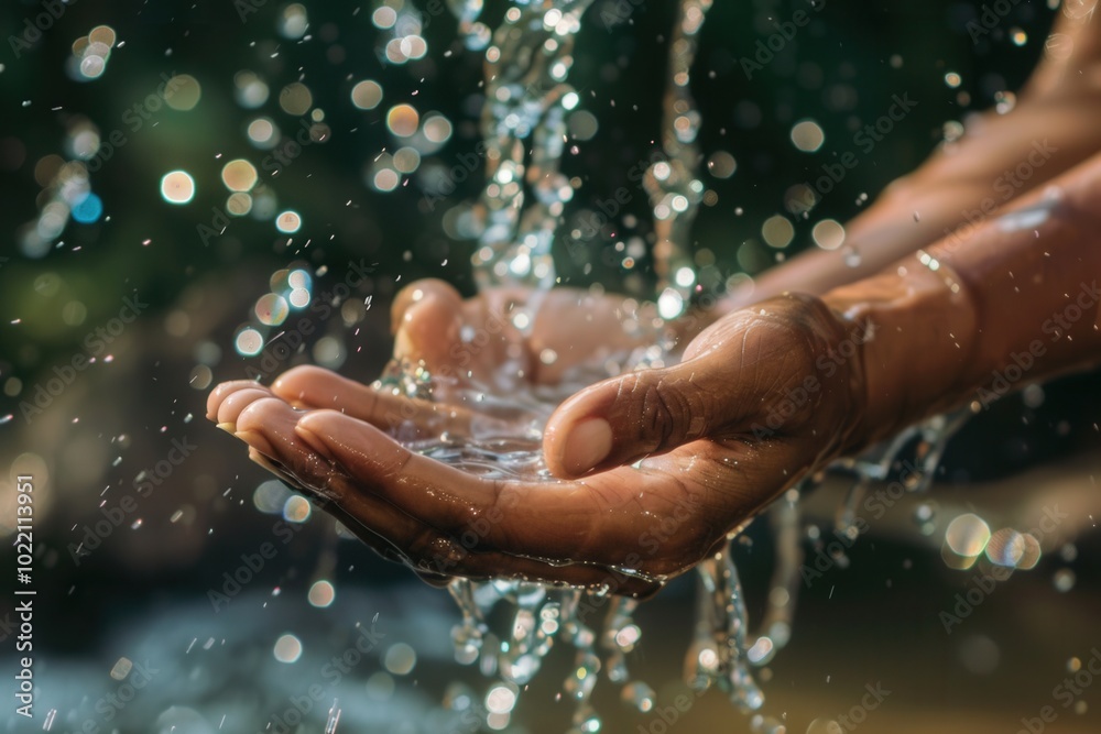Poster two hands are cleansing under a gentle stream of water surrounded by a bright, natural environment o