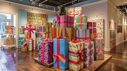 Fototapeta premium Colorful Christmas Gifts in Festive Display