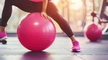 Energetic Workout with Pink Exercise Ball in Gym