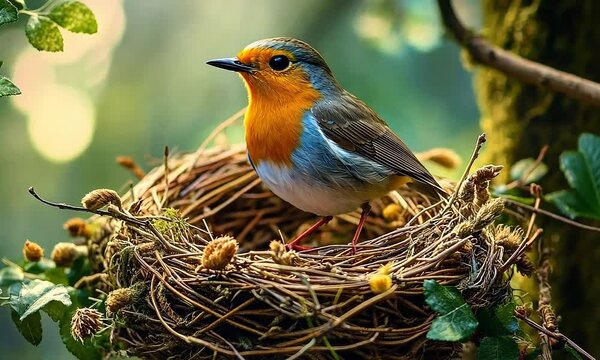 A Graceful Robin Nestled Next to Its Intricately Crafted Nest, Surrounded by Twigs and Feathers in a Tranquil Setting