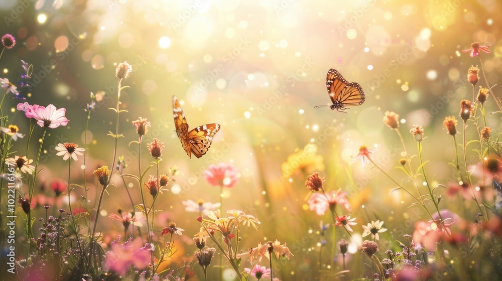 Canvas Prints Colorful butterflies dance gracefully among blooming meadow flowers under warm sunlight in a serene outdoor setting. Generative AI