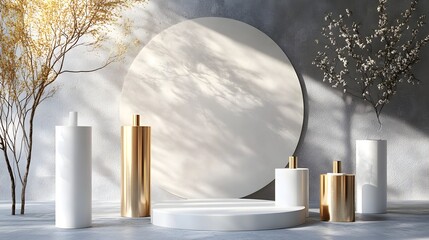 1. **Create a sleek 3D rendering of white and gold geometric pedestals arranged in an abstract studio setting. Incorporate a minimal circular backdrop and a stylish pillar, forming a sophisticated