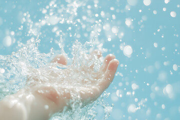 Water Splashing on Hand Refreshing Summer Concept Aqua Background