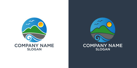 sunset / sunrise logo with mountain and beach landscape logo templates