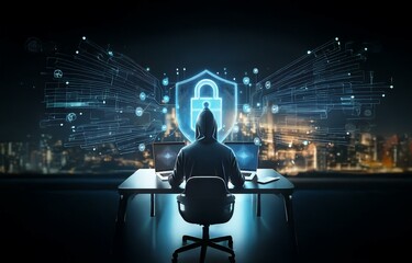 Fototapeta premium A hooded figure sits at a desk in front of two laptops, a glowing shield with a padlock in the center hovers in front of them, the image has a futuristic feel.