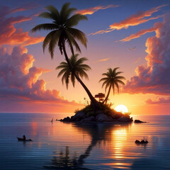 Realistic illustration of small island with palm with ocean around and sunrise on horizon.