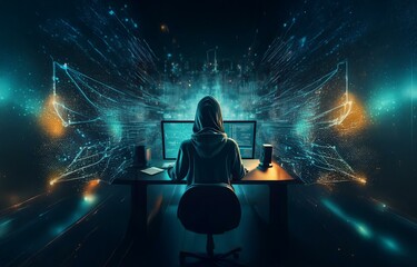 A hooded figure sits in front of a computer, the screen reflecting the digital world behind them, filled with lines of code and swirling data.