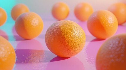 A shot of oranges rolling on a pastel-colored background, capturing motion and playfulness.