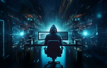 Obraz premium A hooded figure sits in front of a computer screen, the glow of the monitor illuminates the figure. The background is a blue and black digital space.