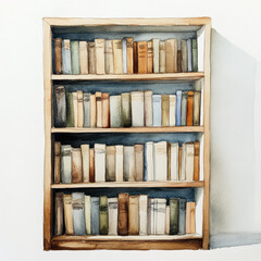 A watercolor painting of a minimalist bookshelf, with soft washes of color blending into each shelf and visible brushstrokes that convey the simplicity of the design