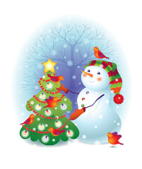 Funny snowman with christmas tree. Vector Illustration for Christmas design