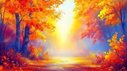 A path through a vibrant fall forest with sunlight breaking through the canopy.