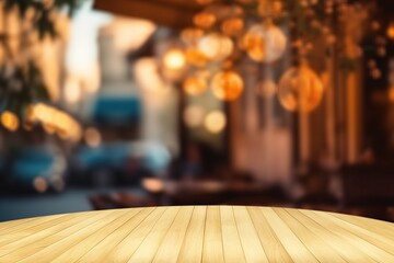 Empty wooden desk top on restaurant background.
