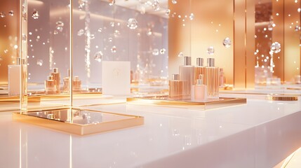 2. **Design a lavish background with a shimmering gold surface, showcasing sparkling objects and reflective mirrors. Position empty trays throughout the scene, creating an exquisite atmosphere ideal