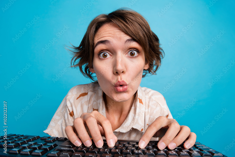Poster photo of funny charming woman codding app web site write text sms message answer isolated on blue co