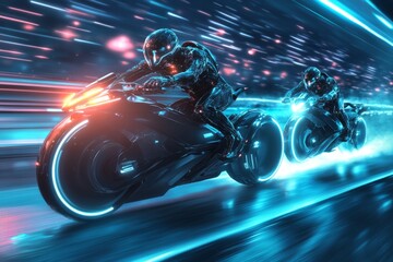 Obraz premium Futuristic racing scene with robots riding high-tech bikes