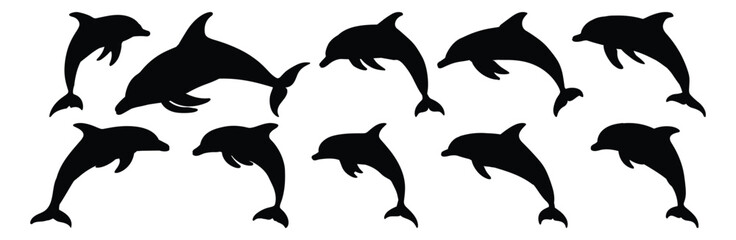 Dolphin silhouettes set, marine pack of vector silhouette design, isolated background