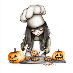 Little Girl Baking Cookies with Pumpkins in Autumn Setting: Young girl wearing chef hat, baking cookies in a fall-themed scene. Perfect for autumn designs, children's books, or festive holiday cards.