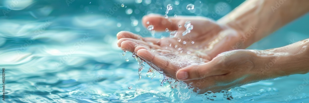 Poster Water flows over hands being washed, highlighting the importance of cleanliness in daily routines amidst a tranquil setting. Generative AI
