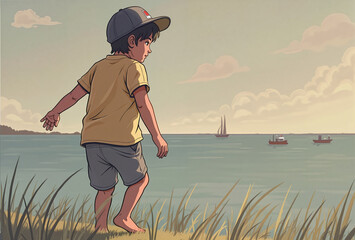 Boy on the shore. Created with AI.