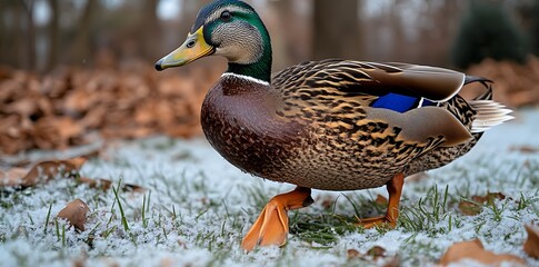 A mallard duck walks across a snowy patch of grass in a park.