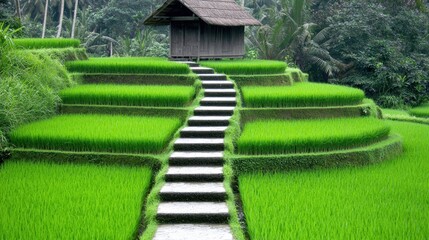Peaceful Rice Terrace with Wooden House and Steps