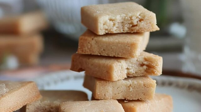 Freshly baked shortbread cookies stacked high on a plate, accompanied by a glass of milk, create a cozy and inviting atmosphere