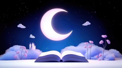 Naklejka premium Dreamy Night Scene with Open Book and Moonlight
