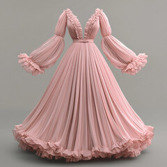 Obraz premium Blush pink dress with intricate ruching and ruffles, displayed elegantly.