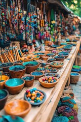 Obraz premium Explore a vibrant market stall filled with colorful artisan crafts, featuring an array of handmade pottery and decorative beads, capturing the essence of creativity and culture.