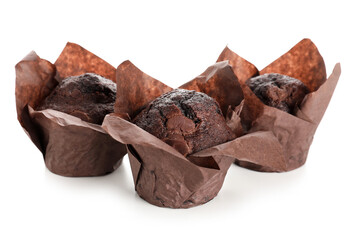 Delicious chocolate muffins on white background