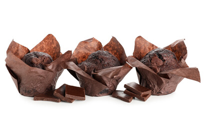 Delicious chocolate muffins on white background