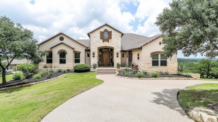 Modern Stone House with Lush Green Landscaping