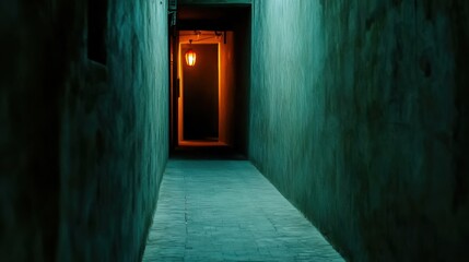 Narrow Alleyway with Mysterious Warm Light at Night, AI