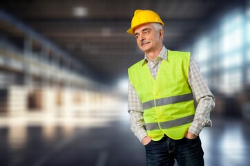 Factory worker wear hard hat ready to work