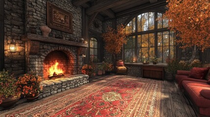 Cozy autumn living room with a fireplace and seasonal decor.