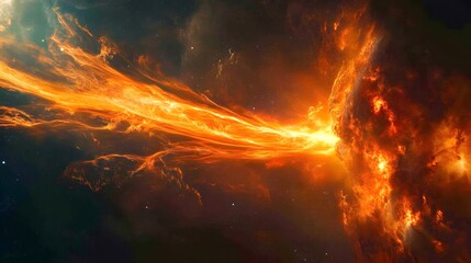Fototapeta premium 1. **Create a stunning visualization of a solar flare erupting from the surface of the sun, with vibrant colors and dynamic energy radiating into the dark expanse of space. The image should capture