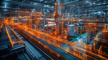 Obraz premium Futuristic industrial facility with glowing elements and machinery.