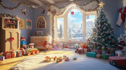 Cozy christmas scene with decorated tree, gifts, toys, and snowy window view in festive living room setting, perfect for celebrating merry christmas and happy new year ai