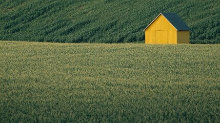 A tranquil countryside scene with a yellow barn standing alone in a field of green, the simplicity of the landscape evoking peace and solitude.