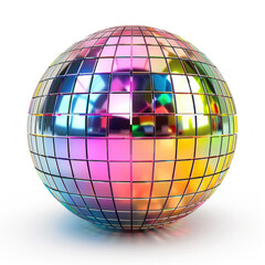 Multi-colored disco ball reflecting light in a dimly lit room.