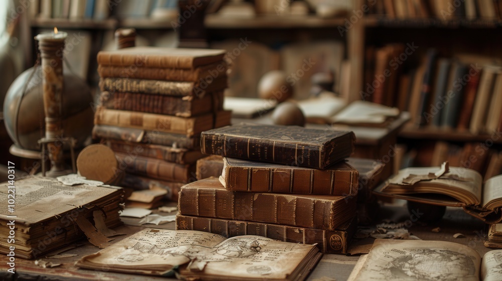 Fototapete a collection of ancient books and scrolls rests on a table, surrounded by historical artifacts in a 
