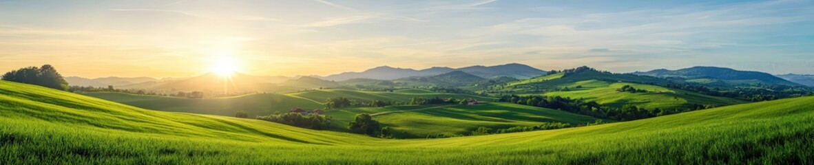 A breathtaking view of a serene sunrise illuminating lush green hills and meadows. The tranquil landscape evokes a sense of peace and connection to nature.