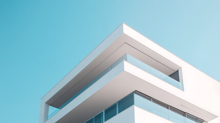 A minimalist building with clean lines and smooth white concrete surfaces, set against a clear blue sky, emphasizing simplicity and modern architectural design 