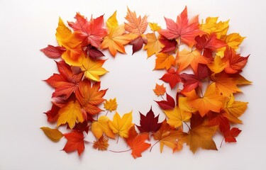 A circle of colorful fall leaves arranged on a white background.