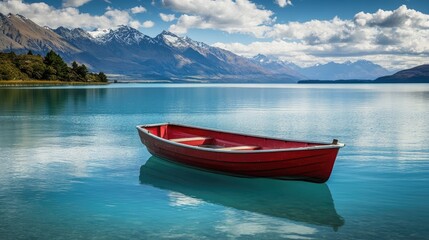 Naklejka premium Serene Red Boat on Tranquil Lake with Mountain Backdrop