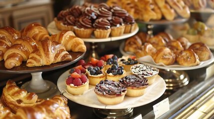 Delectable French pastry display with croissants pain au chocolat and fruit tarts in a charming bakery