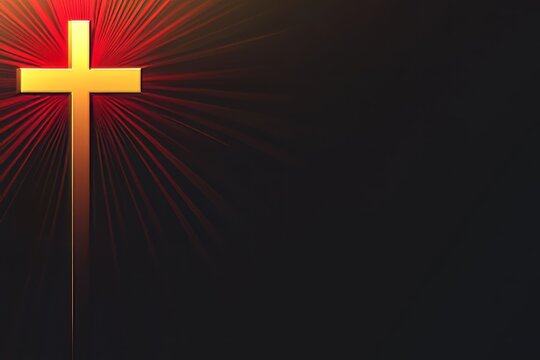 Glowing golden cross with radiant red light on dark background, symbol of faith and hope.