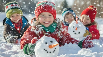 Joyful children building snowmen in winter wonderland celebrating merry christmas and happy new year ai