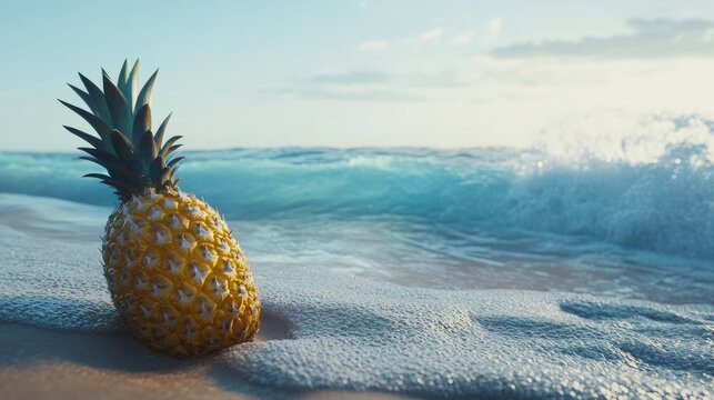 Pineapple on Shore with Gentle Waves in Background